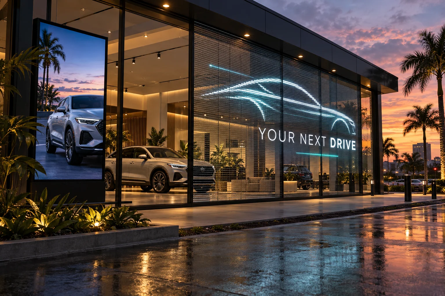 Concept rendering of a car showroom with advertising on glass and a side display