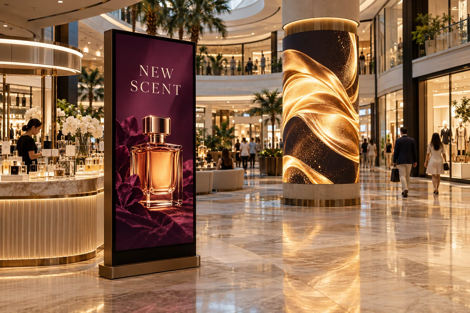 Concept rendering of a mall store with a portrait display and a curved LED column