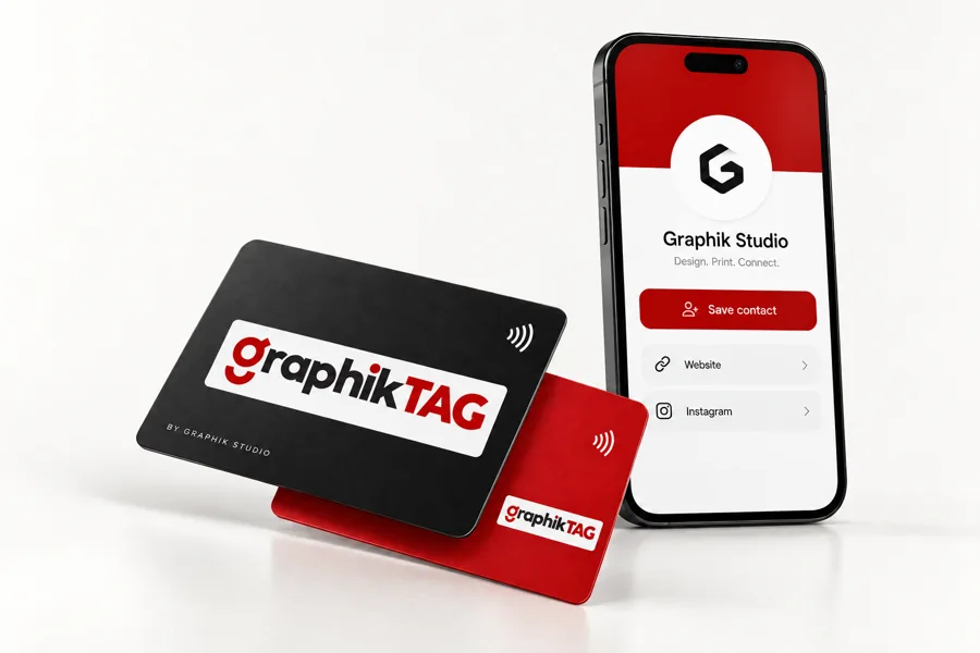 Concept of GraphikTag NFC cards in red and black alongside a digital profile