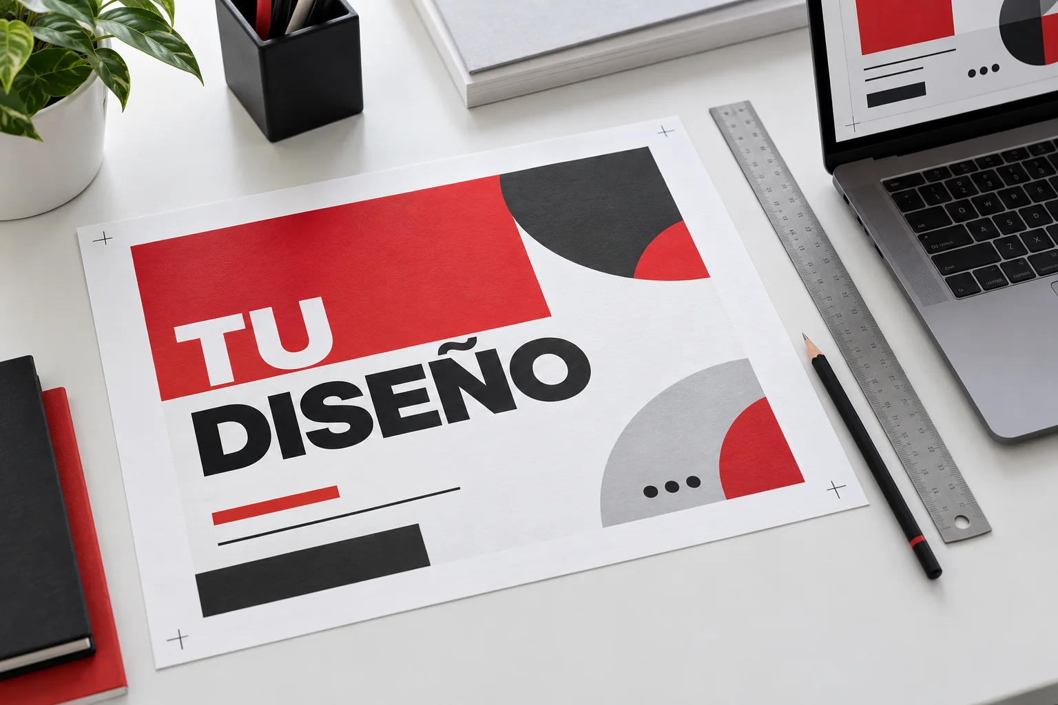 Mesa de diseño con una prueba impresa, regla y lápiz; ejemplo conceptual de revisión de archivos.
