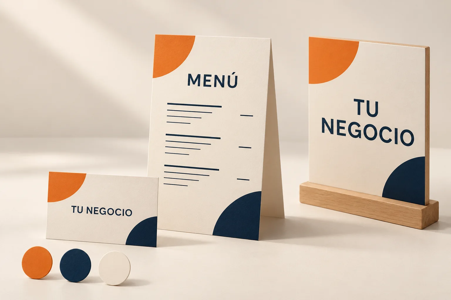 Ejemplos conceptuales de una misma paleta aplicada a una tarjeta, un menú y un rótulo; imágenes ilustrativas.